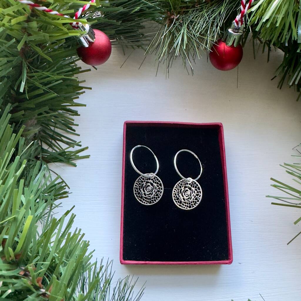 Rose Hoop Earrings In Sterling Silver, 1 of 3