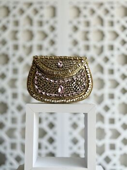 Shiraz Mini Kundan Pink And Gold Clutch, 7 of 9