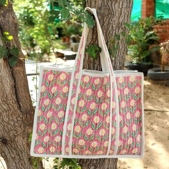 Large Quilted Market Tote Bag With Pink Floral Block Print Design, 7 of 7