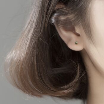 Sterling Silver Green Crystal Square Stud Earrings, 2 of 5