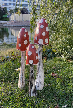 Set Of Three Wooden Red Mushrooms For Garden, 3 of 10