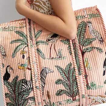 Jungle Print Large Quilted Cotton Tote Bag In Peach, 4 of 7