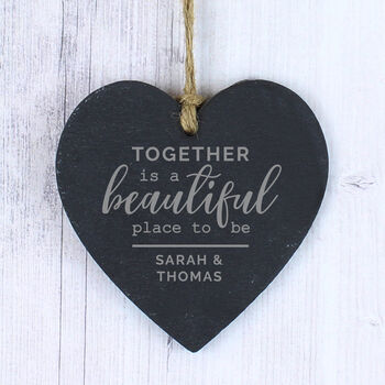 Personalised 'Together' Slate Hanging Heart Decoration, 2 of 8