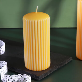 G Decor Velluto Sculpted Daffodil Yellow Ribbed Pillar Candle In A Velvet Matte Finish, 4 of 4