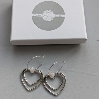 Silver Hoop Rose Quartz Heart Earrings, 2 of 4