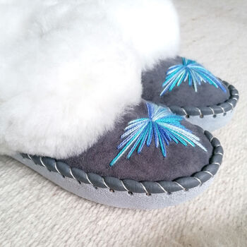 Peacock Blue Handmade Sheepskin Moccasin Slippers, 5 of 7