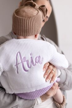 Spring Baby Name White Embroidered Personalised Cardigan, Perfect Baby Shower Or New Baby Gift, 6 of 12