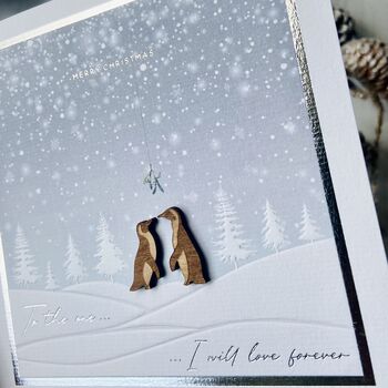 Penguin Couple Mistletoe Snowy Love Christmas Card, 7 of 10