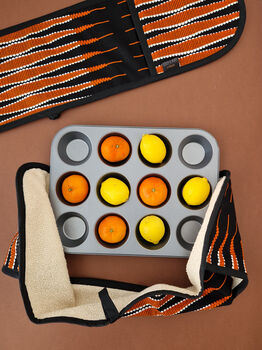 African Print Oven Gloves | Black Orange Doyin Print, 2 of 6