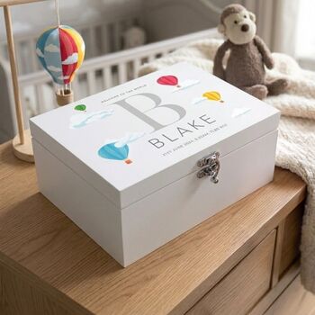 Personalised Hot Air Balloon Baby White Keepsake Box Three Sizes, 3 of 10