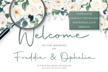 Wedding Welcome Sign White And Dark Green Floral, 3 of 7