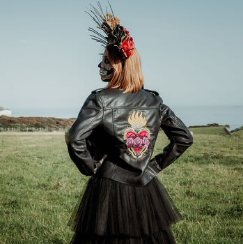 Flaming Heart Anatomical Heart Bride Leather Jacket, 3 of 10
