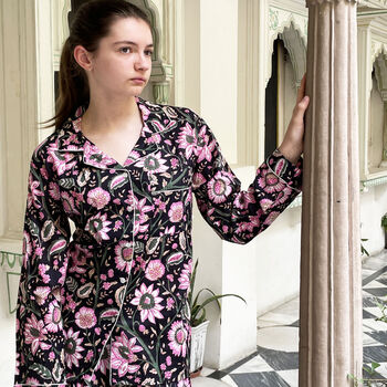 Black And Pink Block Print Floral 100% Cotton Ladies Pyjamas, 4 of 8