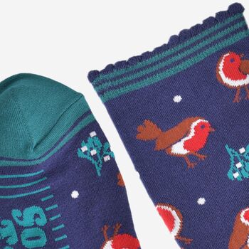 Women's Bamboo Socks Navy Blue Christmas Robins, 4 of 5