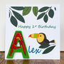 Personalised Toucan Birthday Card With Reusable Wooden Door Letter In Lots Of Colours, thumbnail 1 of 2