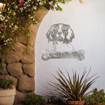 Personalised King Charles Spaniel Welcome Metal Wall Art Sign For Home And Garden Gift, 5 of 11