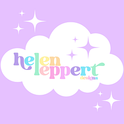 Colourful rainbow Helen Leppert logo with cloud and sparkle background
