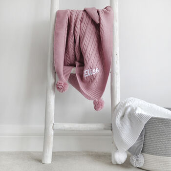 Personalised Cable Knit Pom Pom Blanket Dusty Pink, 5 of 10