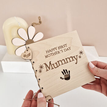 Personalised First Mother's Day Maple Wooden Card With Handprint Cut Out, 4 of 7