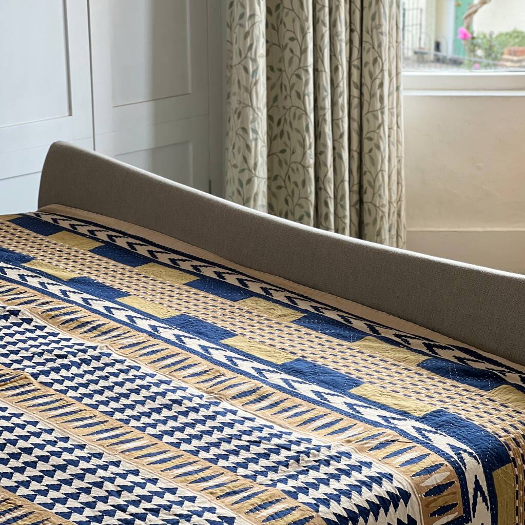 Yellow And Navy Block Print Indian Bedspread, 1 of 3