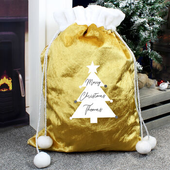 Personalised Christmas Tree Luxury Pom Pom Gold Sack, 2 of 2