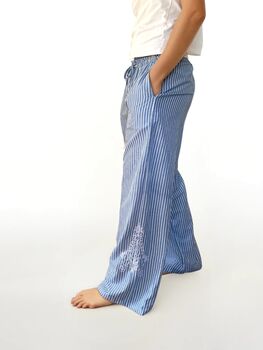 Santorini Organic Cotton Wide Leg Trousers – Blue Stripe With Embroidery, 2 of 5