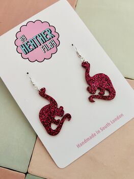 Pink Brontosaurus Dinosaur Glitter Resin Earrings / Gift For Dino Lover / Colourful Animal Jewellery / Fun Accessories, 3 of 5