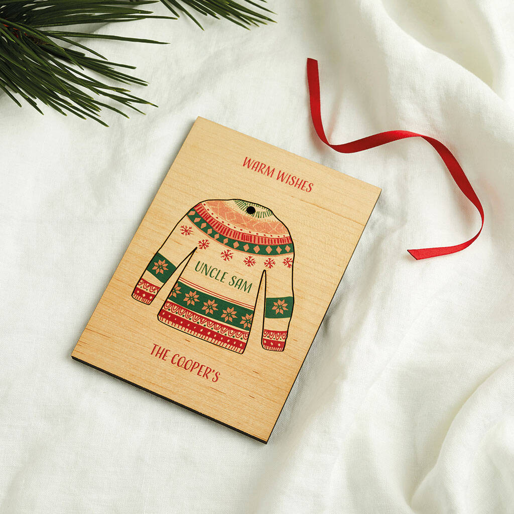 Personalised Wooden Christmas Decoration Card Jumper By Create Gift Love