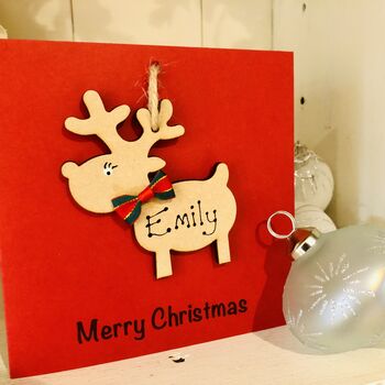 Personalised Reindeer Christmas Card Wooden Decoration, 9 of 9