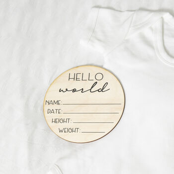 Hello World Birth Announcement Wooden Photo Prop Disc, 2 of 3
