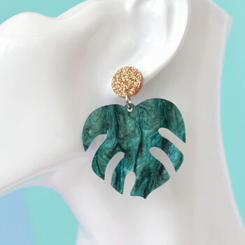Green Marble And Gold Glitter Monstera Dangle Earrings, 2 of 3