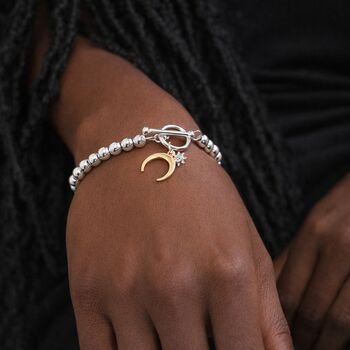 Sterling Silver Plated T Bar Bead Bracelet With Sun And Moon Charms, 2 of 6