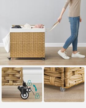 Laundry Basket Rattan Style Washing Hamper With Wheels, 4 of 12