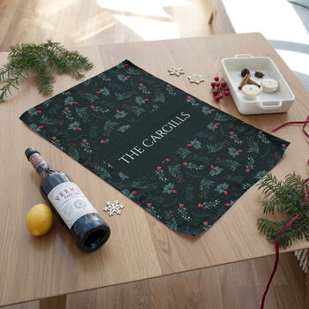 Personalised Christmas Holly Wallpaper Tea Towel, 3 of 6