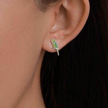 Sterling Silver Green Enamel Parakeet Parrot Earrings, 3 of 12