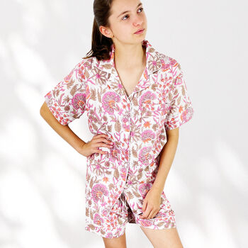 Floral 100% Cotton Ladies Pyjama Short Set In White And Pink, 9 of 9
