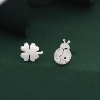 Sterling Silver Four Leaf Clover And Ladybird Stud Earrings, 4 of 12