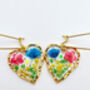 Real Blue Red Yellow Flowers Heart Drop Earrings Hand Made, thumbnail 2 of 8