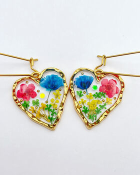 Real Blue Red Yellow Flowers Heart Drop Earrings Hand Made, 2 of 8