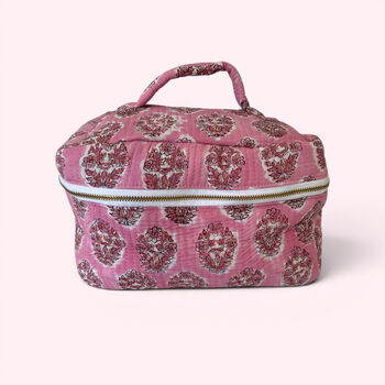 Vanity Bag | Quilted Cotton Toiletry Bag | Pink Flower Block Print, 5 of 5