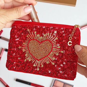 Red Beaded Heart Pouch Personalised With Gold Initial Charm, 2 of 3