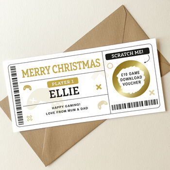 Personalised Gamer Scratch Card Christmas Voucher: Gold Circle Design, 2 of 7