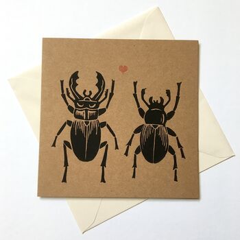 Stag Beetle Love. Linocut Greeting Card, 2 of 3