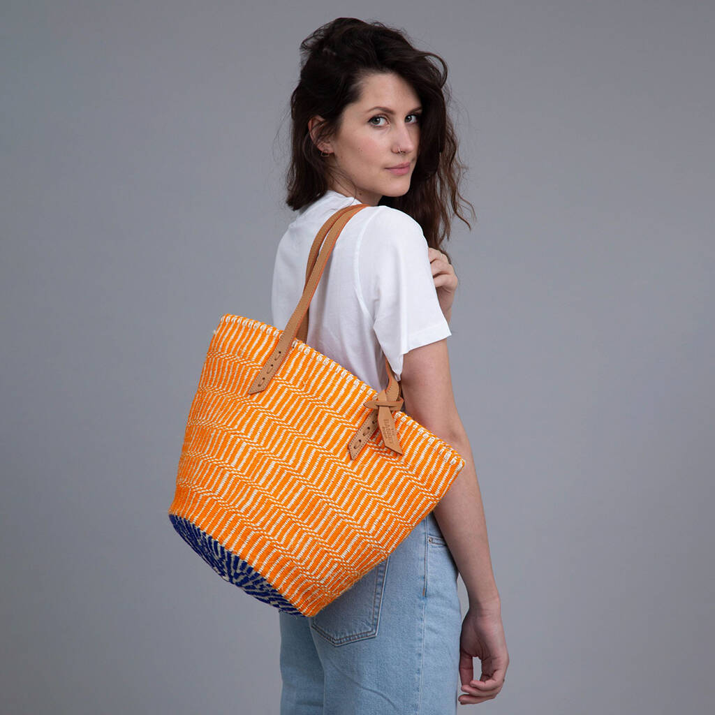 Large Orange Tote Bag With Leather Shoulder Straps By The Basket Room ...