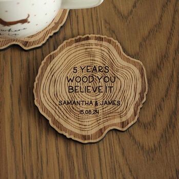 Personalised 5th Wedding Anniversary Wooden Coasters Gift For Couples, 5 of 5