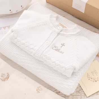 White Personalised Christening Cardigan With Cross, 11 of 12