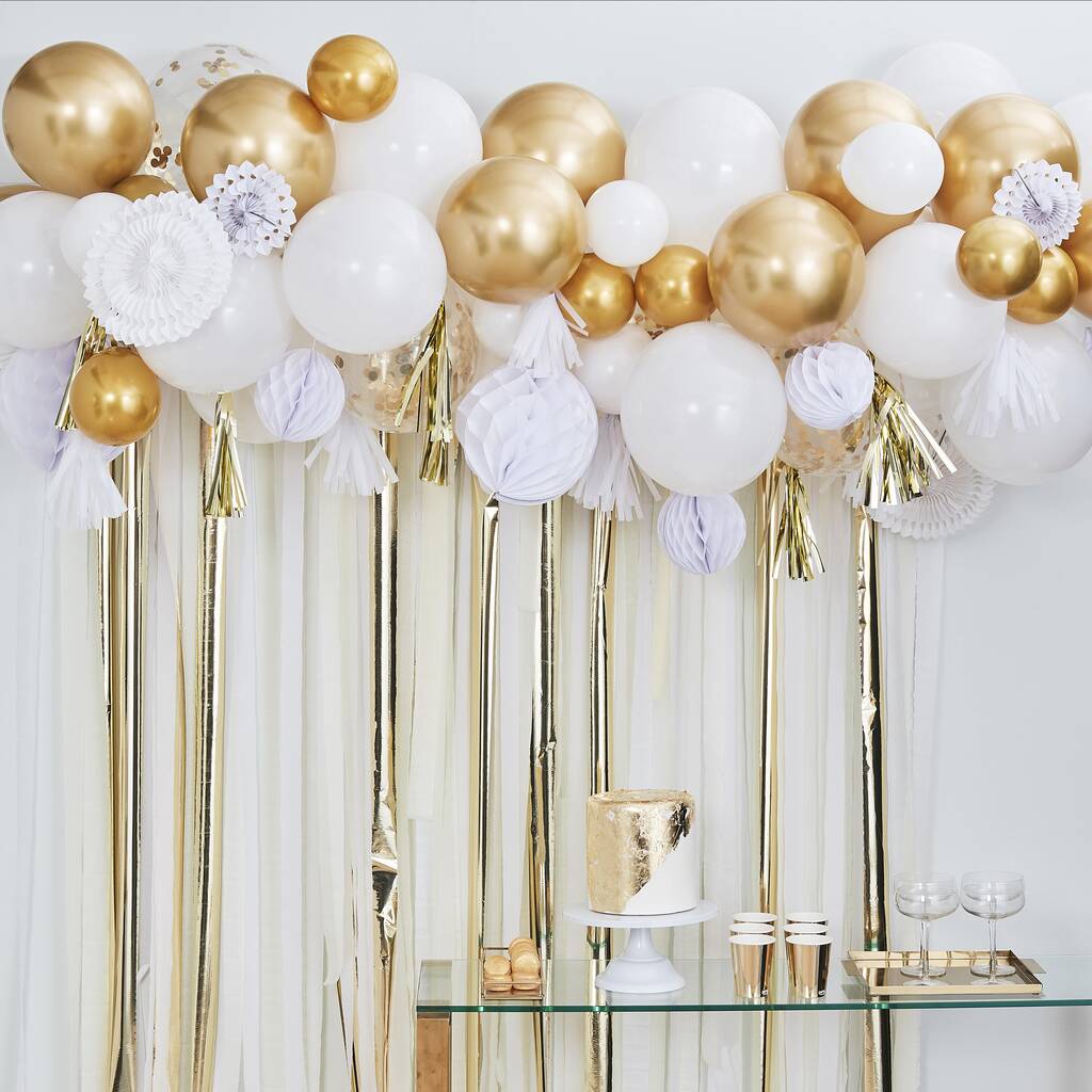 Gold Balloon And Fan Garland Party Backdrop, 1 of 2