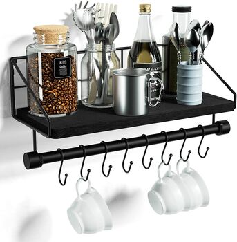 Black Wall Mounted Floating Kitchen Shelf With Hooks, 4 of 8