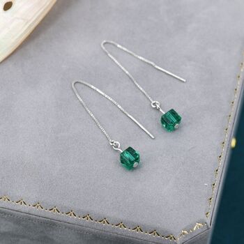 Sterling Silver Green Cz Cube Threader Earrings, 2 of 10