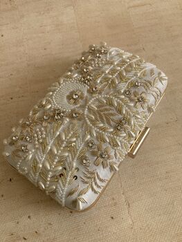 White Handcrafted Rectangular Pearl Clutch Bag, 2 of 10